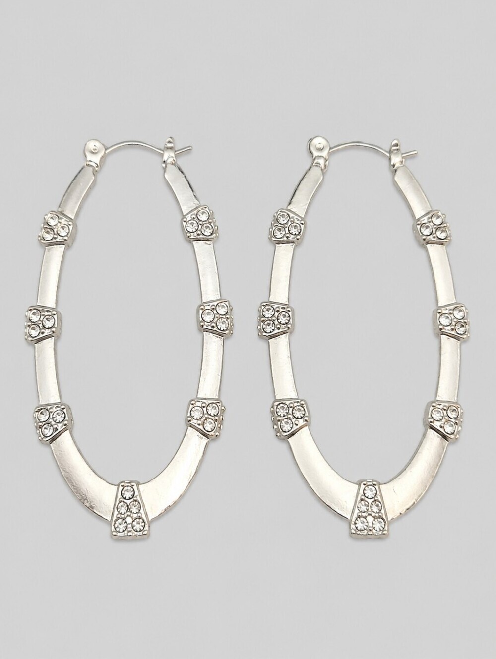 Vtg Silvertone Rhinestone Large Creole Oval Huggie Hoop Punk Earrings